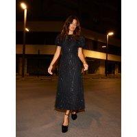 Sequin Puff Sleeve Midaxi Waisted Dress