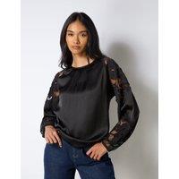 Satin Round Neck Lace Insert Blouse