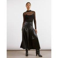 Leather Look Pleated Midi A-Line Skirt