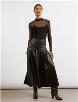 Albaray Leather Look Pleated Midi A-Line Skirt Black