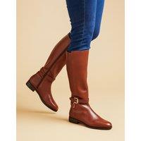 Leather Buckle Block Heel Riding Boots