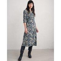 Cotton Rich Leaf Print Notch Neck Midi Dress