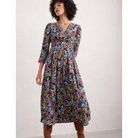 Leaf Print V-Neck Midaxi Waisted Dress