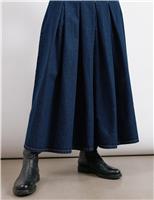 Albaray Pure Cotton Denim Pleated Midi A-Line Skirt Dark Indigo Mix