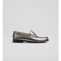 Leather Metallic Slip On Flatform Loafers