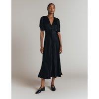 Ghost Satin V-Neck Midi Tea Dress Black