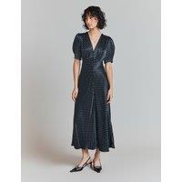 Satin Polka Dot V-Neck Midaxi Waisted Dress