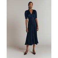 Ghost Satin V-Neck Midi Tea Dress Navy