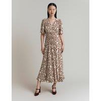 Crepe Floral V-Neck Shirred Midi Tea Dress