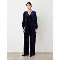 Velvet Button Front Wide Leg Jumpsuit