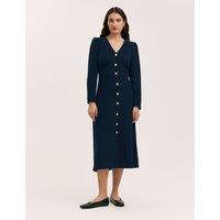 Finery London Crepe V-Neck Midi Waisted Dress Navy