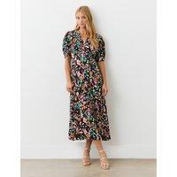 Crepe Floral V-Neck Midi Tea Dress