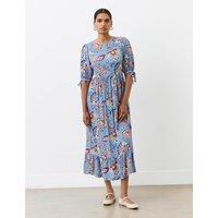 Crepe Floral Round Neck Midi Smock Dress