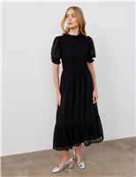 Finery London Georgette Textured Shirred Midi Tea Dress Dark Purple