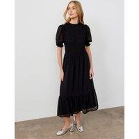 Finery London Georgette Textured Shirred Midi Tea Dress Black