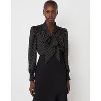 Finery London Crepe Polka Dot Tie Neck Blouse Black Mix