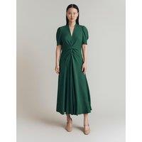 Satin Crepe V-Neck Ruched Midi Tea Dress