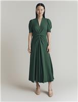 Satin Crepe V-Neck Ruched Midi Tea Dress