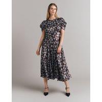Satin Floral Round Neck Midi Skater Dress