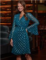 SOSANDAR Jacquard V-Neck Knee Length Wrap Dress Teal Mix
