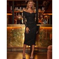SOSANDAR Sparkly Ruched Knee Length Column Dress Black