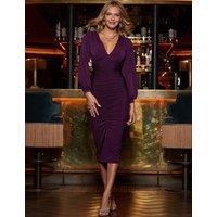 SOSANDAR Ruched V-Neck Midi Bodycon Dress Purple