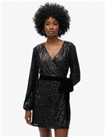 Superdry & Co Velvet Sequin V-Neck Mini Wrap Dress Black