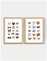 Cats & Dogs In Glasses Twin Set Framed Art