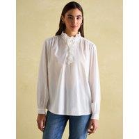 Joules Pure Cotton High Neck Ruffle Blouse White