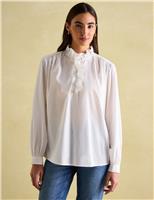 Joules Pure Cotton High Neck Ruffle Blouse White