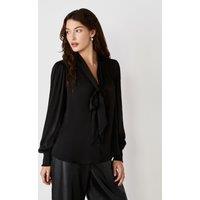 Crepe Tie Neck Blouson Sleeve Blouse