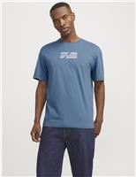JACK & JONES Pure Cotton Logo Graphic Crew Neck T-Shirt Blue