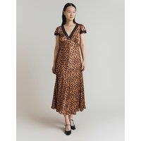 Satin Animal Print V-Neck Midi Skater Dress