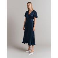 Ghost Satin V-Neck Midi Skater Dress Navy