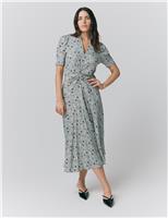 Crepe Floral V-Neck Midi Tea Dress