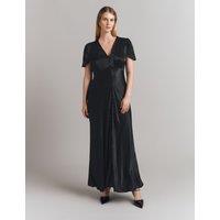 Ghost Satin V-Neck Midi Skater Dress Black