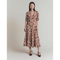 Ghost Crepe Floral V-Neck Midi Tea Dress Burgundy Mix