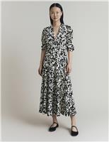 Ghost Crepe Floral V-Neck Midi Tea Dress Burgundy Mix
