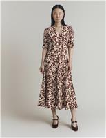 Ghost Crepe Floral V-Neck Midi Tea Dress Burgundy Mix