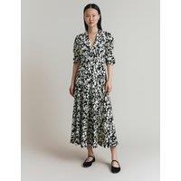 Crepe Floral V-Neck Midi Tea Dress
