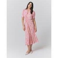 Ghost Crepe Floral V-Neck Midi Tea Dress Pink Mix