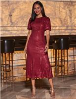 Sparkly Blouson Sleeve Midi Skater Dress