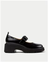 Leather Buckle Block Heel Round Toe Loafers