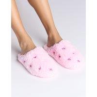 Faux Fur Floral Embroidered Mule Slippers