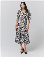 Crepe Floral V-Neck Midi Tea Dress