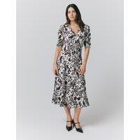 Ghost Crepe Floral V-Neck Midi Tea Dress Burgundy Mix