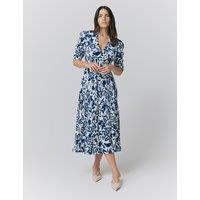 Ghost Crepe Floral V-Neck Midi Tea Dress Navy Mix
