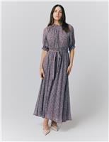 Ghost Georgette Floral Shirred Maxi Waisted Dress Purple Mix