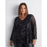 Mesh Jersey Sequin V-Neck Top