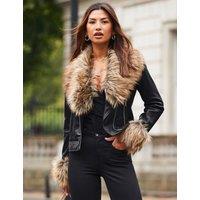 SOSANDAR Leather Faux Fur Trim Biker Jacket Black